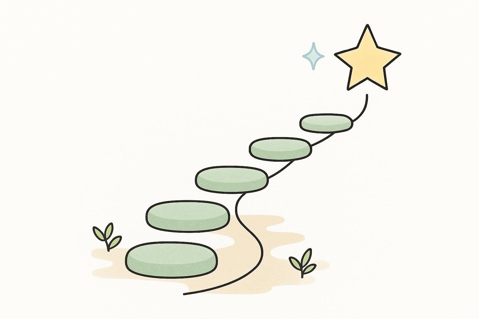 An illustration of five green oval stepping stones leading upwards on a winding path towards a large, yellow outlined star with smaller blue sparkles to the left. Two small green leaf clusters are visible near the path on the ground.