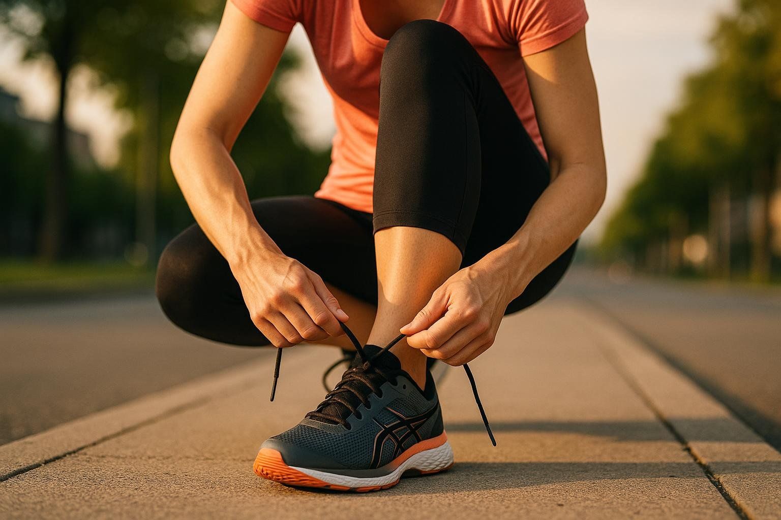 A woman crouches down on a sidewalk to tie the laces of her running shoe, which is dark grey with orange accents. She is wearing black capri-length leggings and a coral t-shirt, preparing for a run or workout.