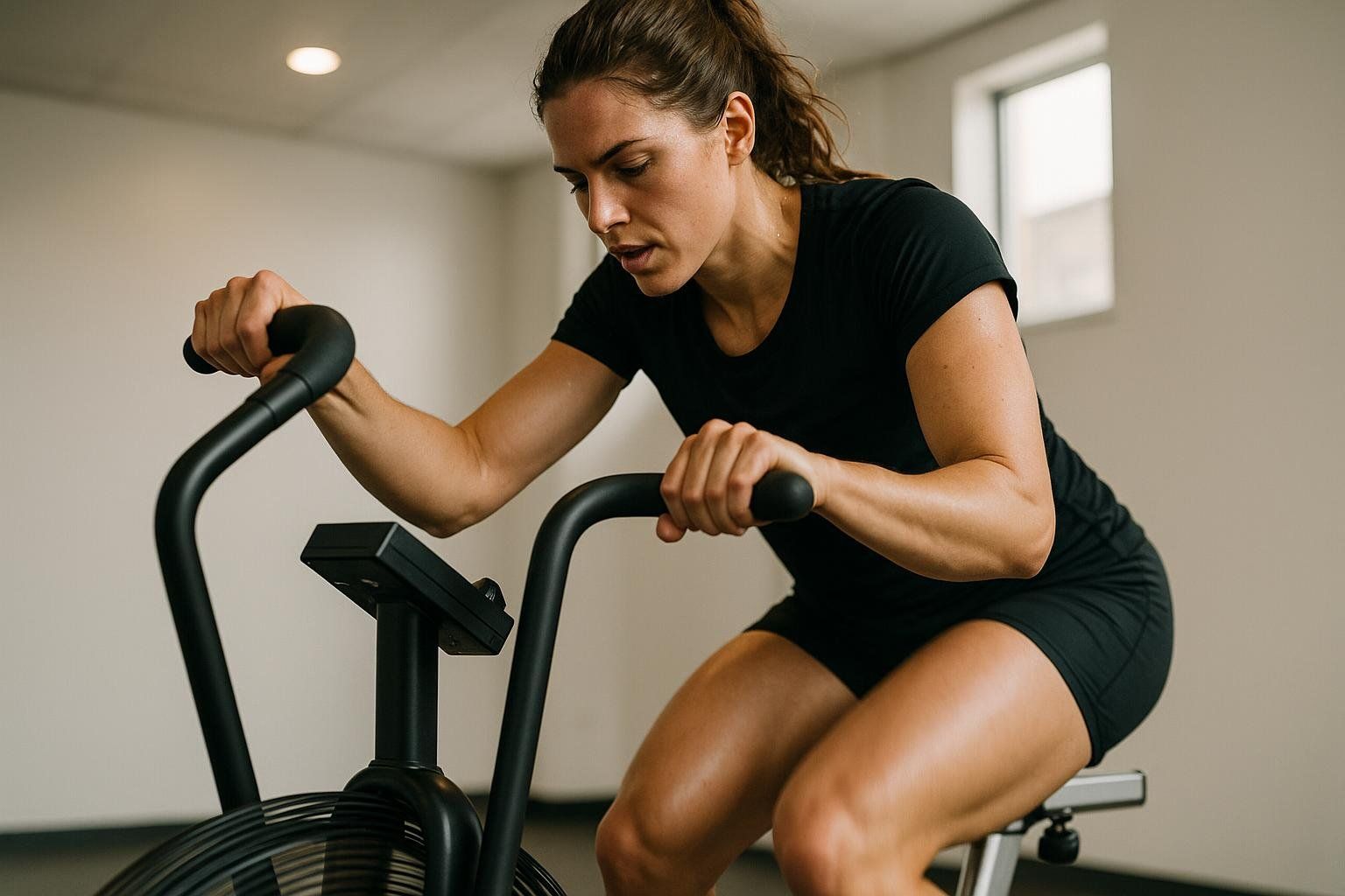 A woman in athletic wear intensely working out on a stationary bike during a HIIT session.