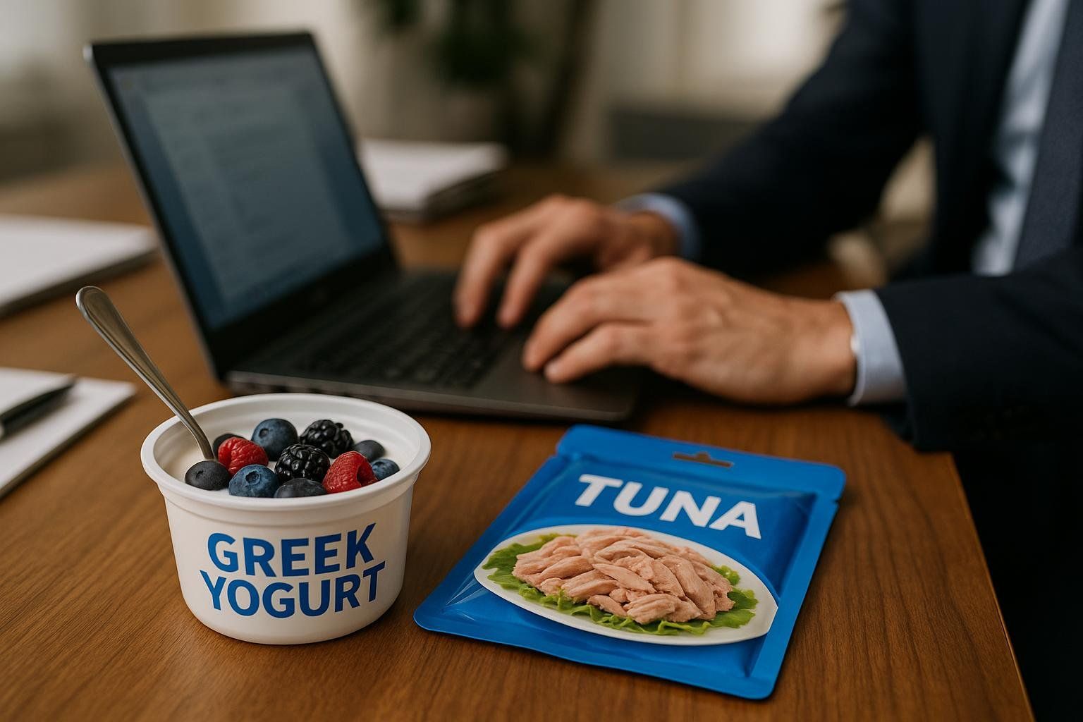 A person uses a laptop, with a tub of Greek yogurt topped with berries and a tuna pouch on the desk beside it. This represents healthy and convenient grab-and-go meal options while working.