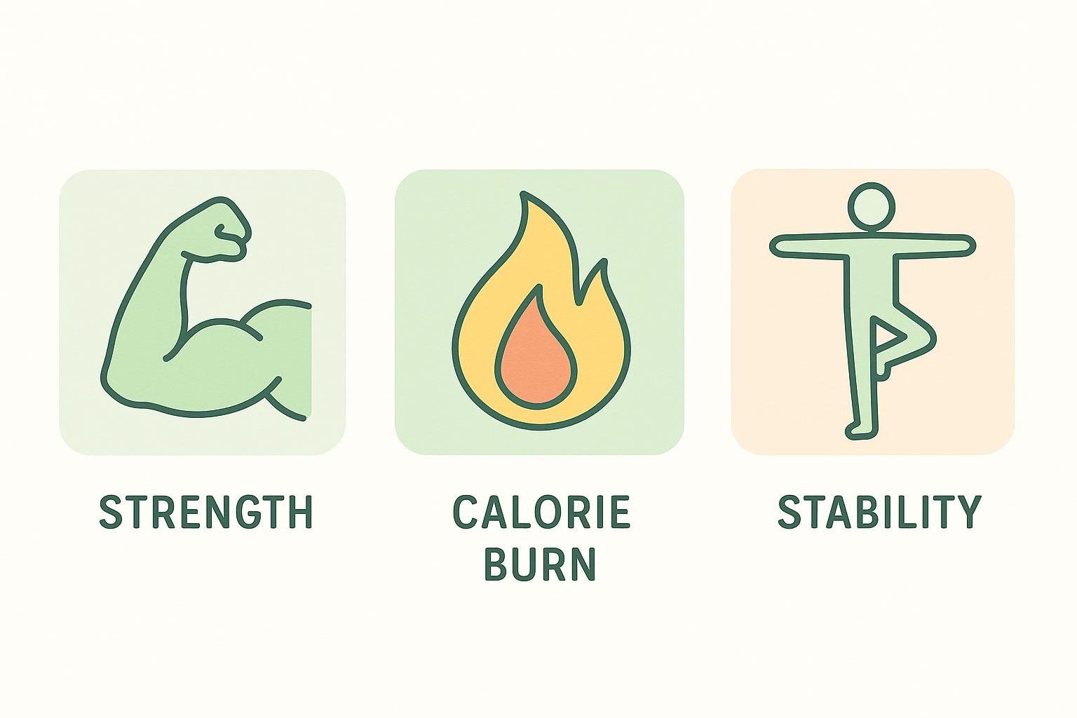 An illustration with three icons representing fitness benefits: a flexed bicep for 'Strength', a flame for 'Calorie Burn', and a person in a tree pose for 'Stability'.