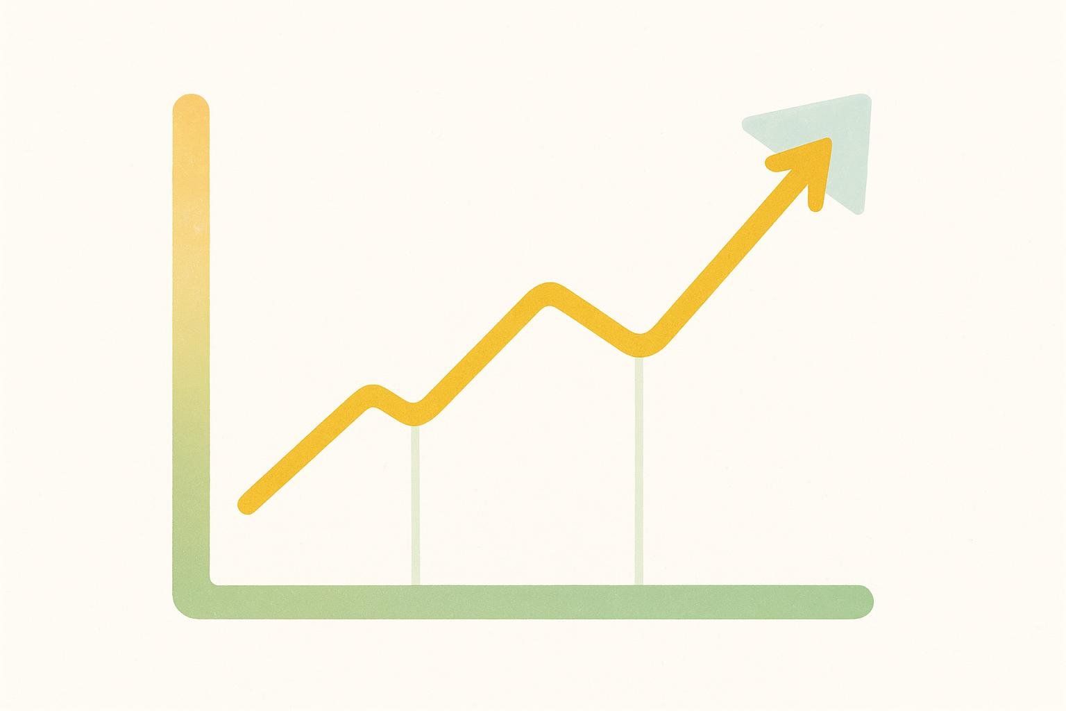 A line graph displaying an upward trend, indicating progress or growth. A yellow line with a light blue arrow at the end moves from the bottom left towards the top right of the graph.