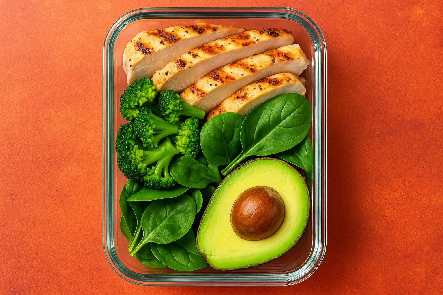 A prepared keto meal with chicken, fibrous green vegetables, and avocado, illustrating a low-carb meal.