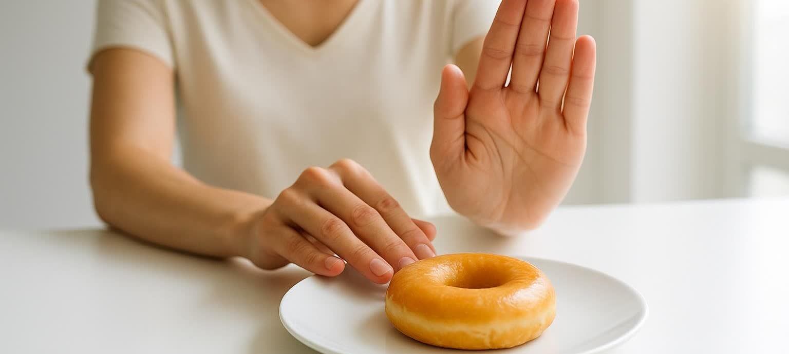 A person's hands indicating rejection of a glazed donut placed on a white plate, symbolizing a decision to avoid unhealthy food or sugar.