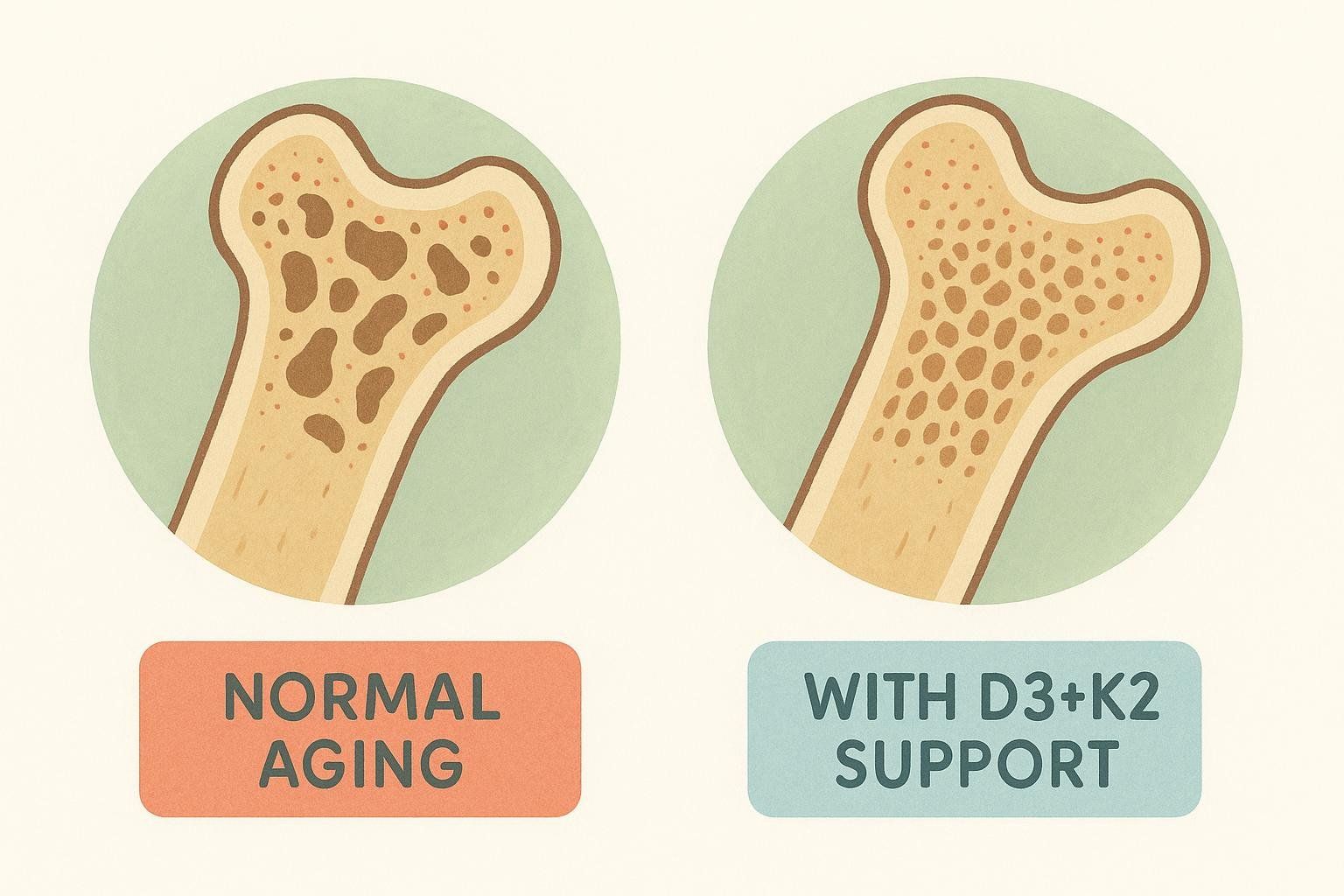An illustration comparing a porous, aging bone with a dense, healthy bone supported by Vitamins D3 and K2.