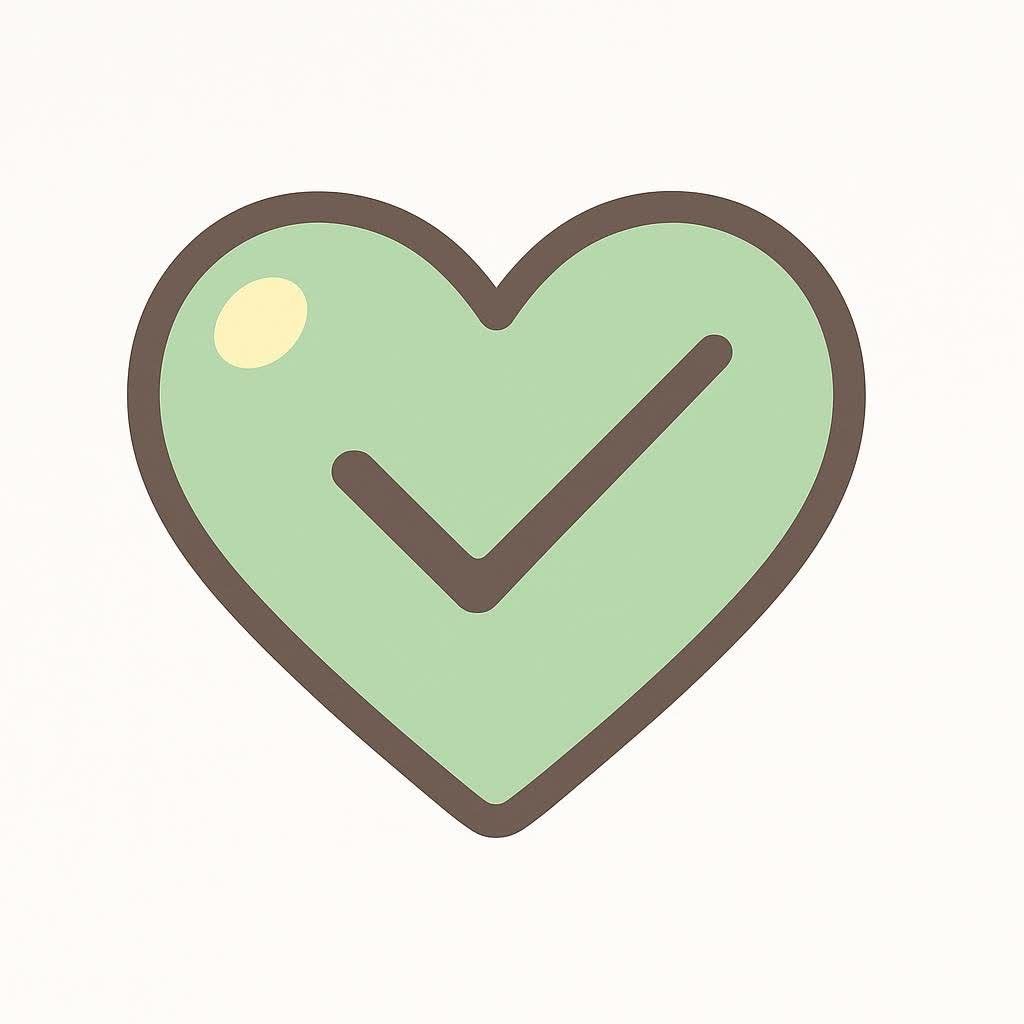 An icon featuring a light green heart with a dark brown checkmark inside it. There's also a small, light yellow oval near the top left curve of the heart.