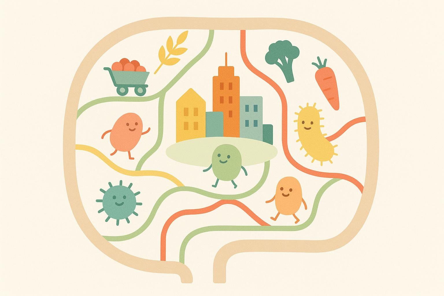 Illustration portraying the gut as a city where various microorganisms, depicted as friendly characters, and food items like broccoli, carrots, and wheat, are connected by wavy lines representing pathways. Buildings symbolize the gut environment, and a shopping cart with apples suggests nutrient intake. The overall image represents the complex ecosystem of the gut microbiome.