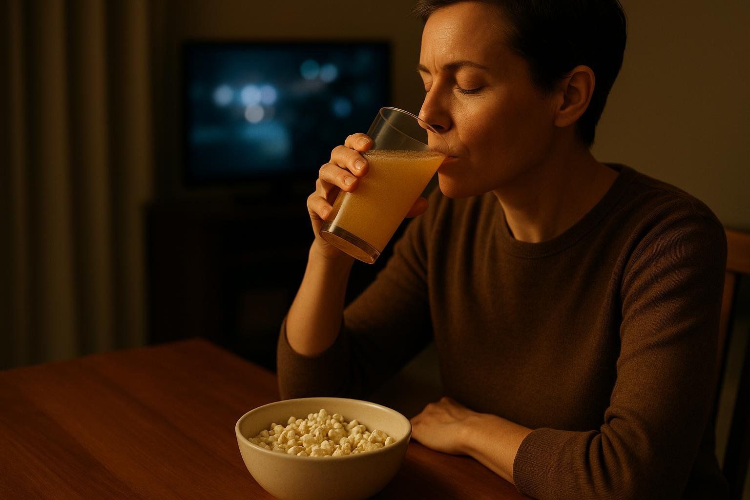 A woman with short dark hair, wearing a brown long-sleeved shirt, drinks a glass of an orange beverage, likely a fiber supplement, with her eyes closed. On the table in front of her is a bowl of white puff snacks. In the background, out of focus, is a television screen with a blue glow.