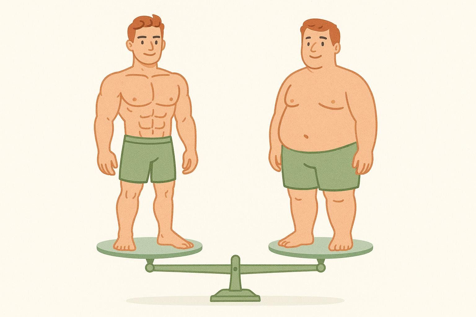 Illustration of a muscular man and a man with more body fat weighing the same on a scale, demonstrating that BMI can be misleading.