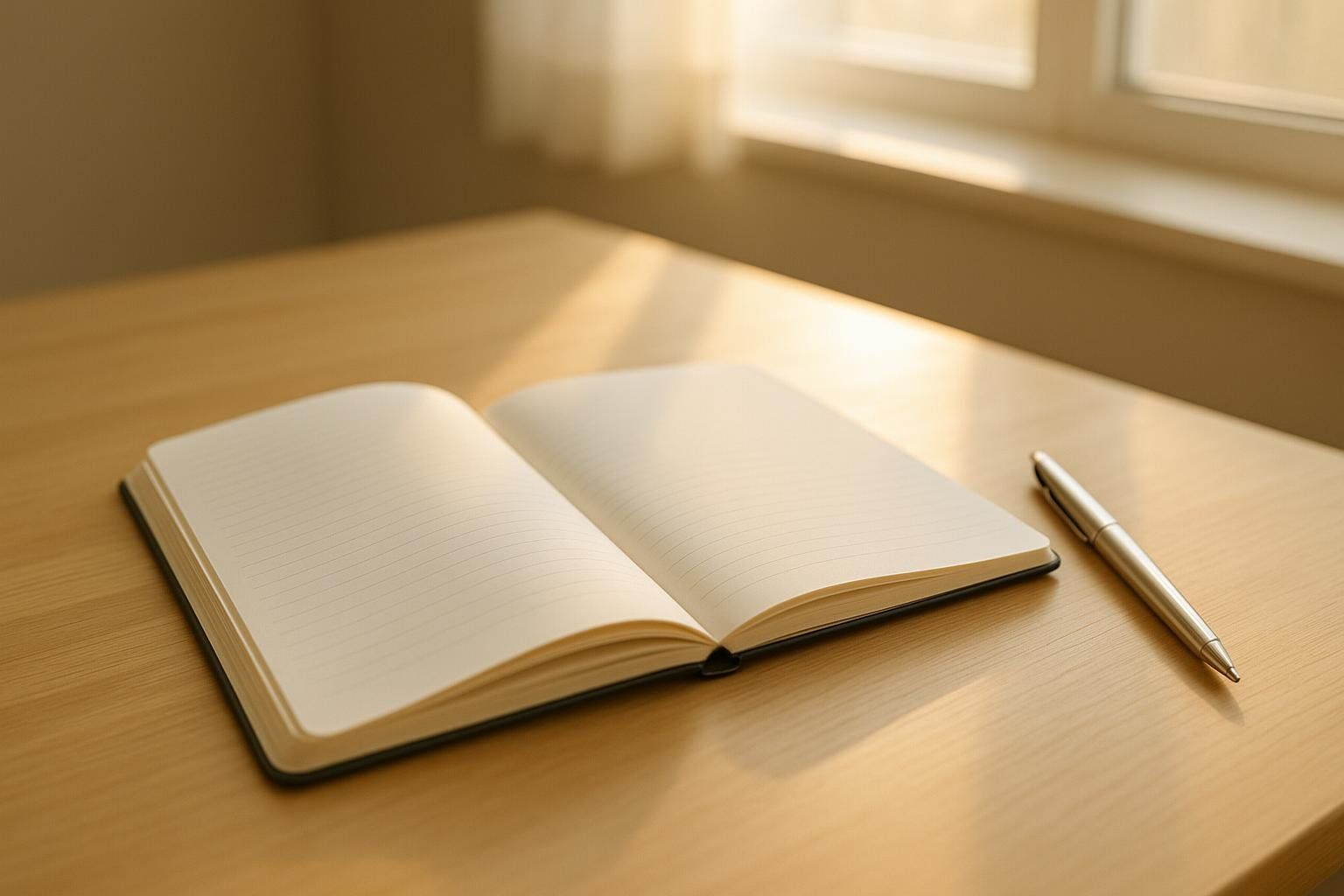 An open notebook and a pen are on a wooden desk, bathed in warm sunlight coming from a window. This image symbolizes starting a new chapter or planning a health journey.