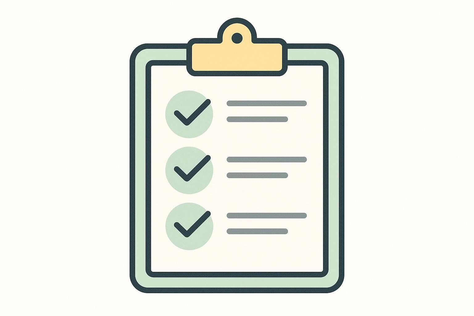 An illustration of a checklist on a clipboard. Three circular checkboxes are marked with green checkmarks, and lines to their right represent text.
