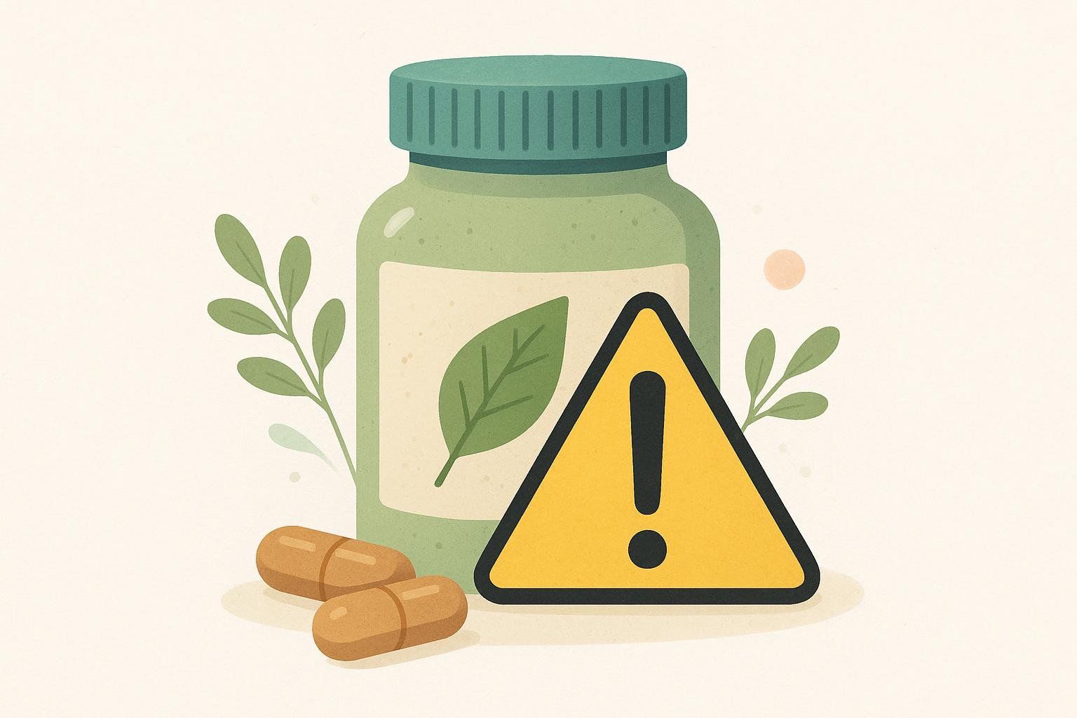 An illustration of a warning sign over a bottle of supplements, symbolizing the health risks associated with DIY parasite cleanses.