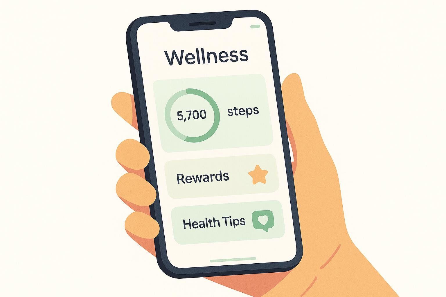 Illustration of a hand holding a smartphone displaying a wellness app interface with steps counted, rewards, and health tips.