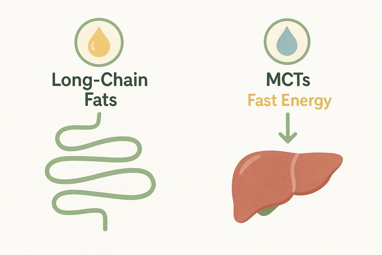 A diagram comparing the metabolic pathways of long-chain fats and MCTs. Long-chain fats are shown with a wavy line representing their digestion through the gut, while MCTs are shown with a direct arrow to a liver icon, labeled 'Fast Energy'.