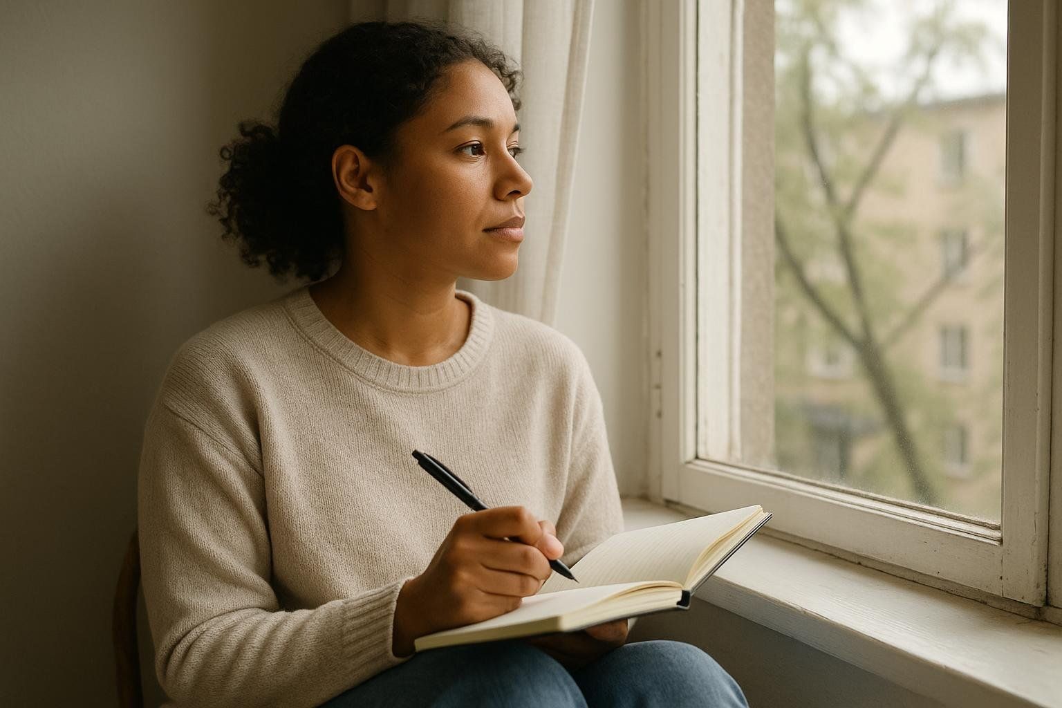A woman with dark curly hair sits by a window, looking out while holding an open journal and a pen, appearing thoughtful or reflective.