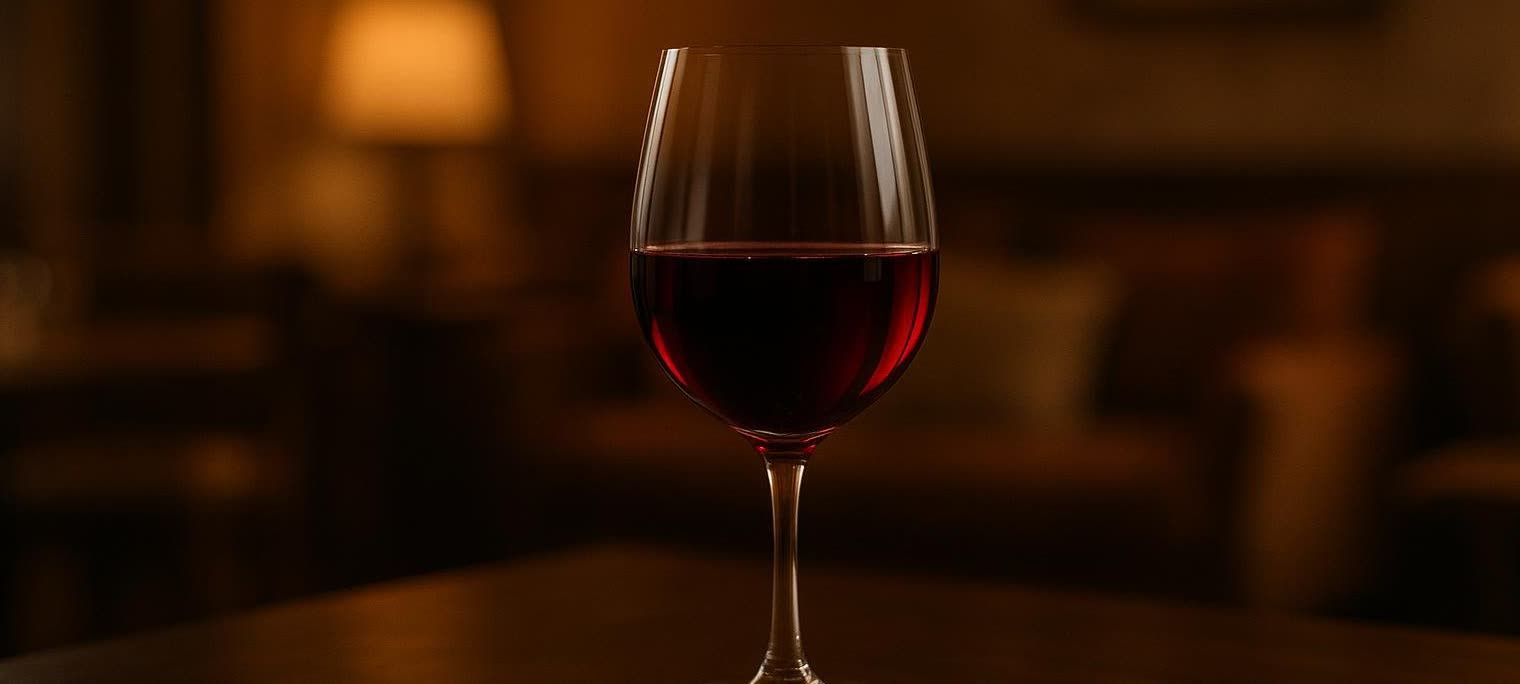 A single glass of red wine sits on a wooden table, with the background softly blurred, evoking a sense of calm and enjoyment.