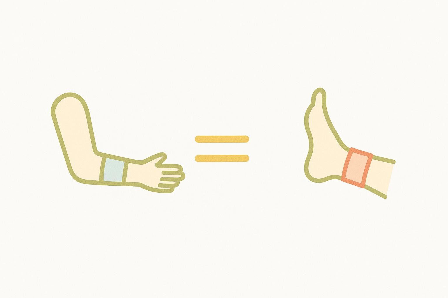 An icon depicting an arm and an ankle beside an equals sign, representing the Ankle-Brachial Index (ABI) test for poor circulation, which compares blood pressure measurements in the ankle and arm.