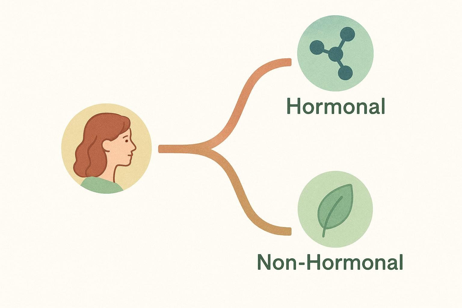 An illustration showing a woman's profile followed by a branching path leading to two options: 'Hormonal' represented by a molecular structure, and 'Non-Hormonal' represented by a leaf, symbolizing natural alternatives. This depicts choices for menopause symptom treatment.