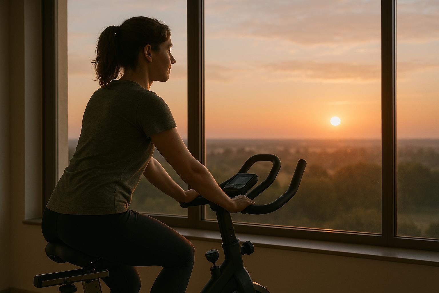 A woman riding a stationary bike, facing a large window with a view of the sunrise over a distant landscape.