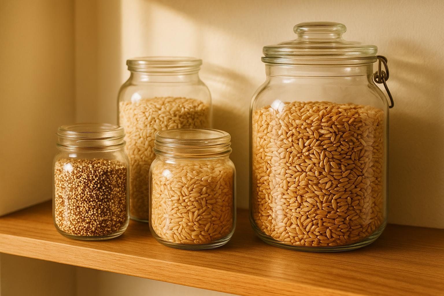 Four glass jars filled with different whole grains, including quinoa and possibly brown rice and barley, neatly arranged on a wooden pantry shelf with warm lighting.