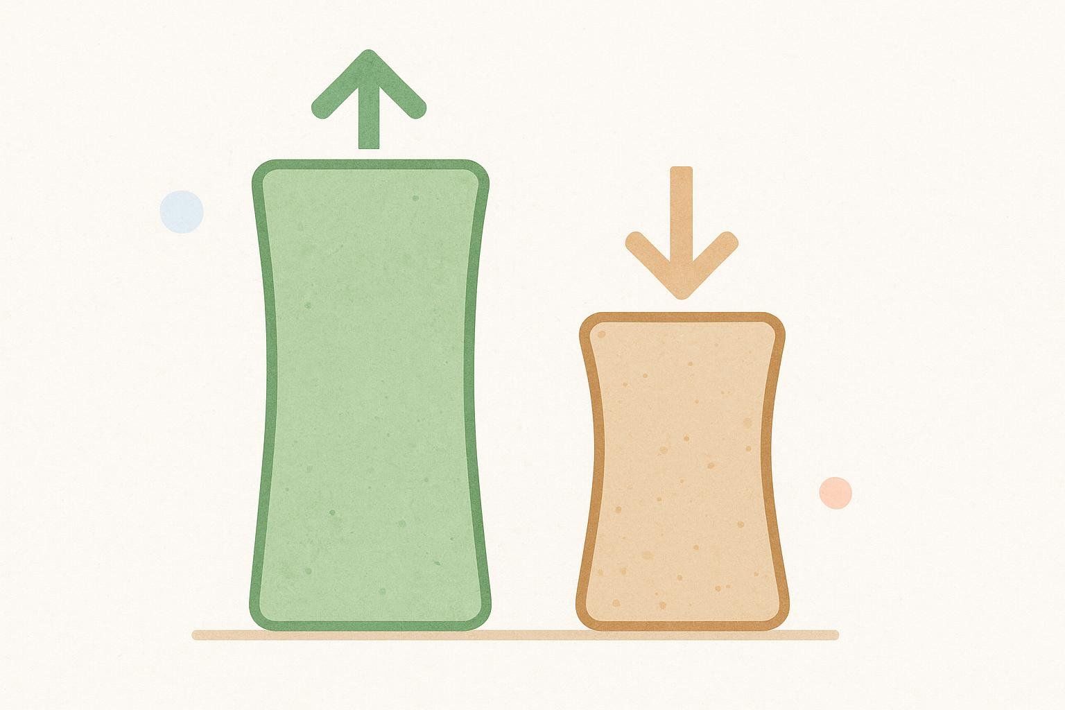 Simplified graphic visually representing increased lean mass (green bar with upward arrow) and decreased fat mass (earthy tone bar with downward arrow).