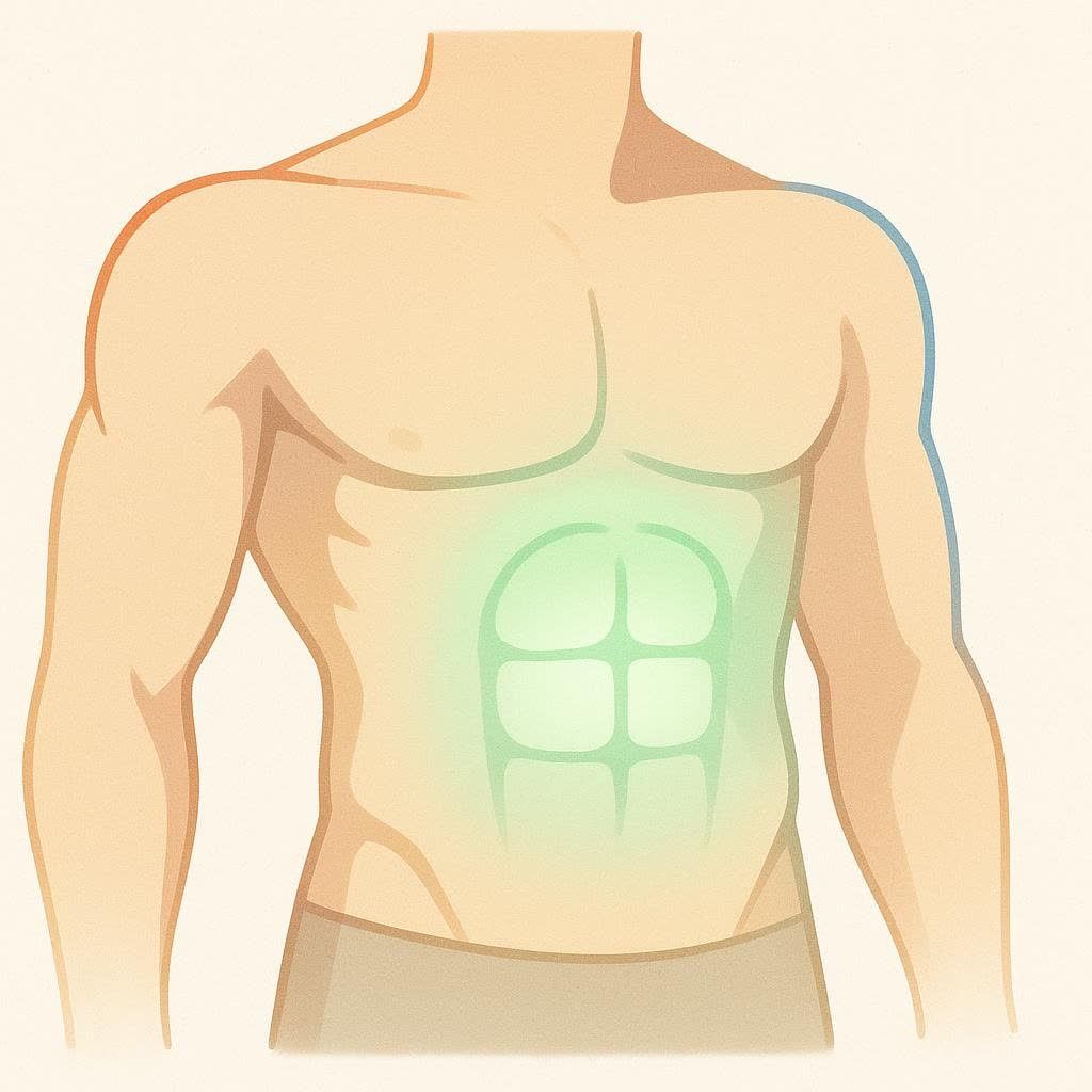 A stylized icon showing a male torso with the abdominal muscles highlighted by a green glow, representing the importance of developing the abdominal muscles.