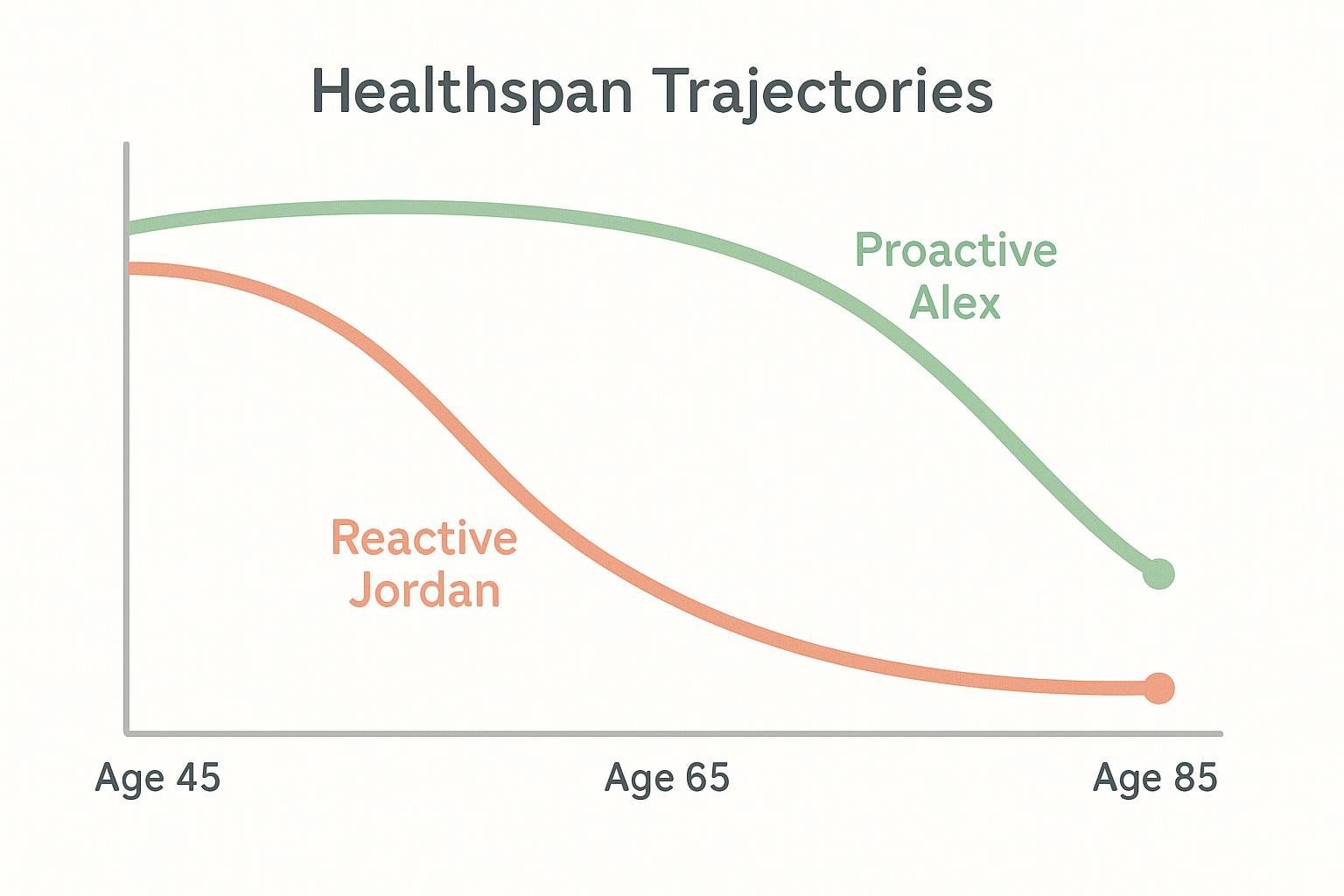 Line graph showing two healthspan trajectories: one proactive (high quality of life maintained longer) and one reactive (earlier decline).