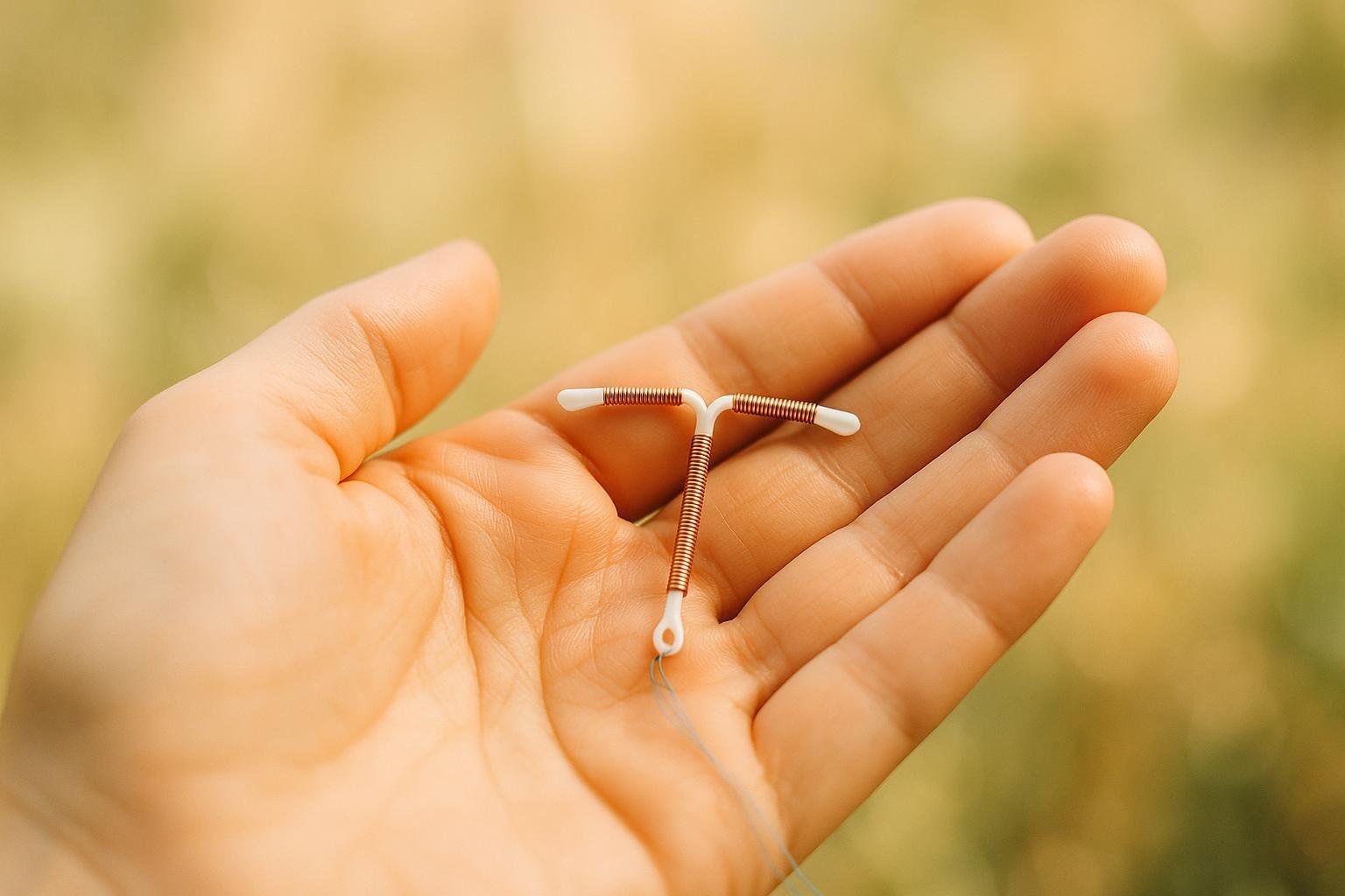A hand holds a white T-shaped intrauterine device (IUD) with copper coils wrapped around its stem and arms. A thin string extends from the bottom.