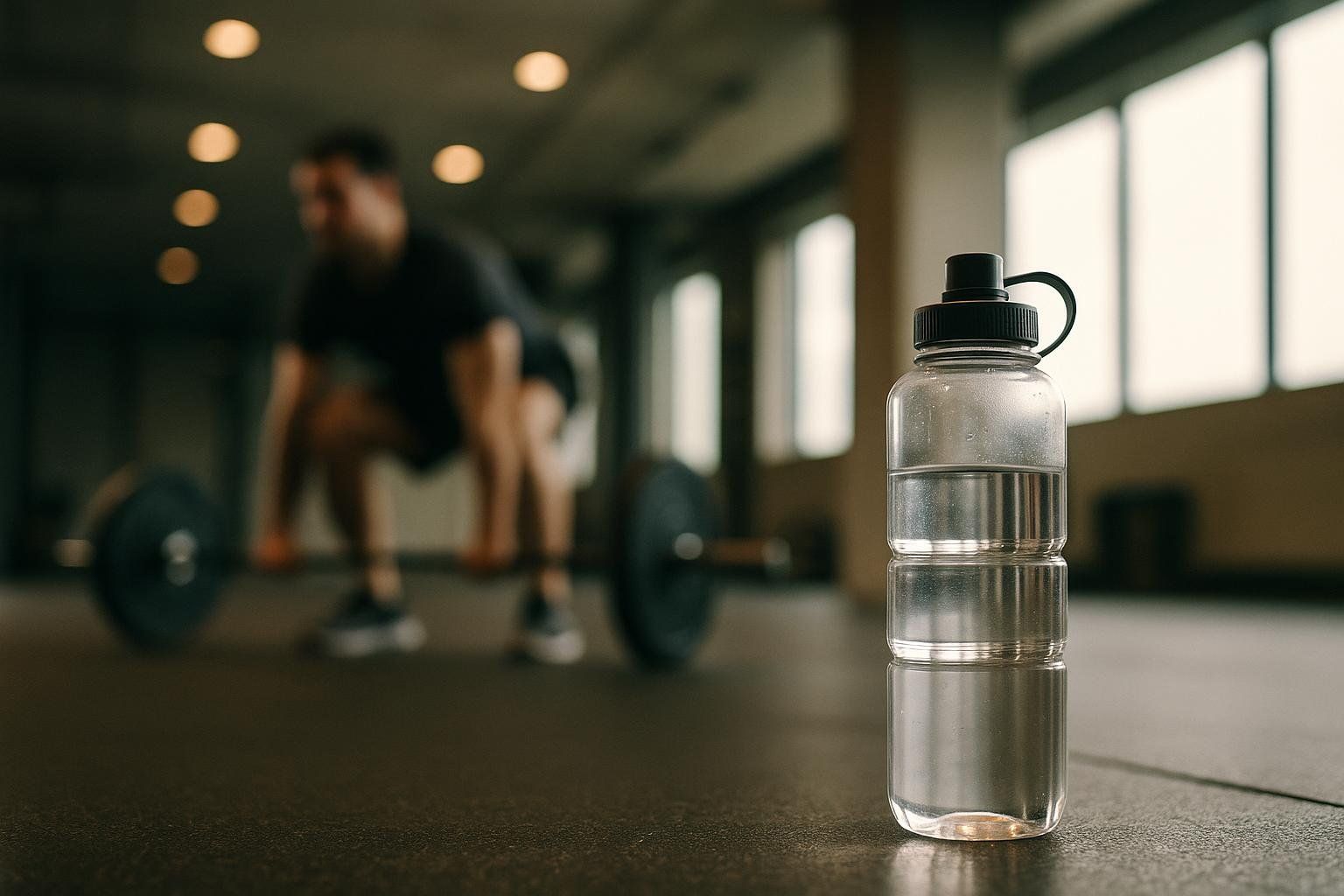 A clear water bottle with a black lid sits on a gym floor in the foreground, with a blurred person lifting weights in the background.
