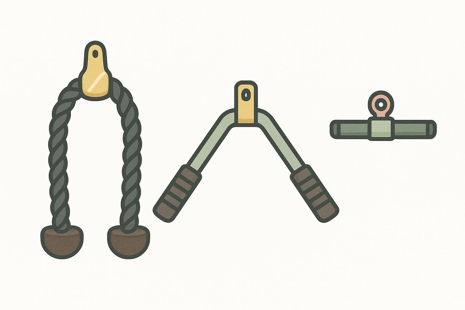Illustrations of three different cable machine attachments: a rope, a V-bar, and a straight bar.