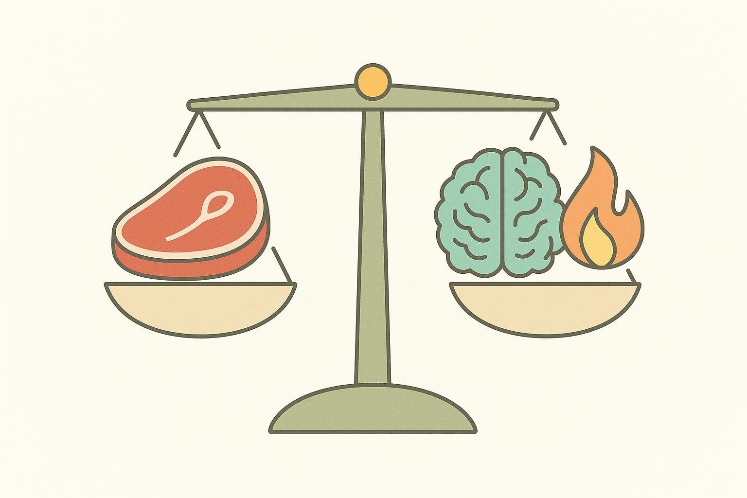 An illustration of a scale balancing a steak icon (protein) with a flame icon (ketosis), showing the need for proper protein intake.