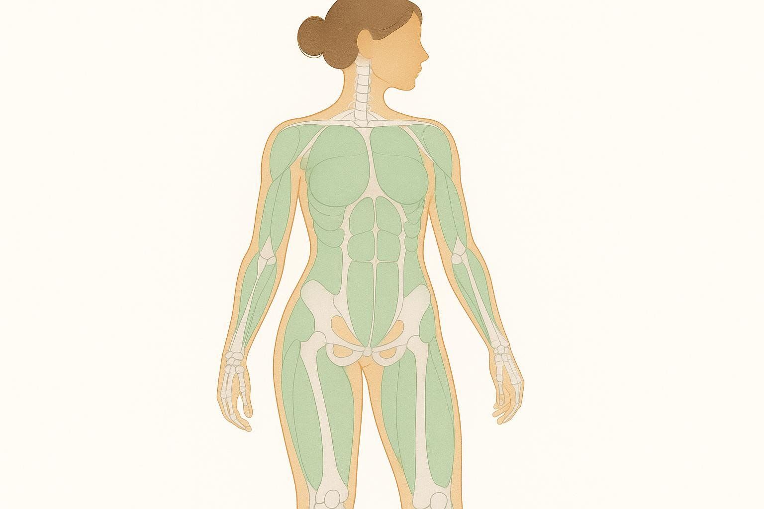 An abstract illustration of a female body showing bone structure and muscles, conceptualizing a DEXA scan for body composition.