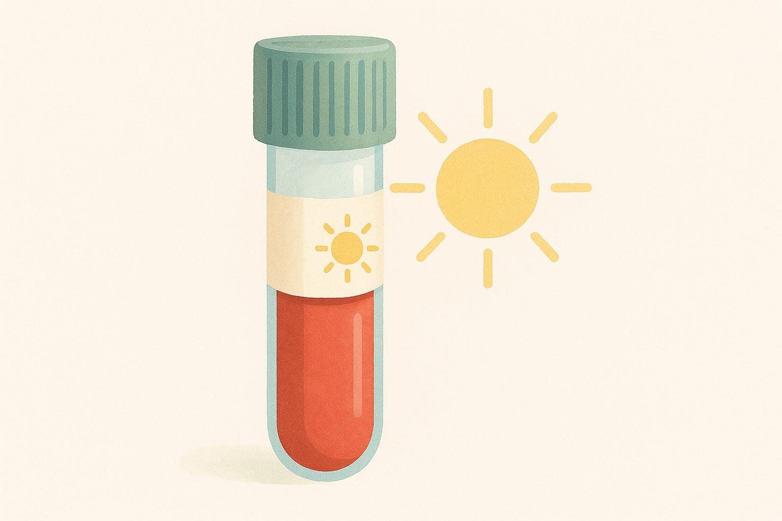 Stylized lab vial with a sun icon, symbolizing convenient morning blood tests.