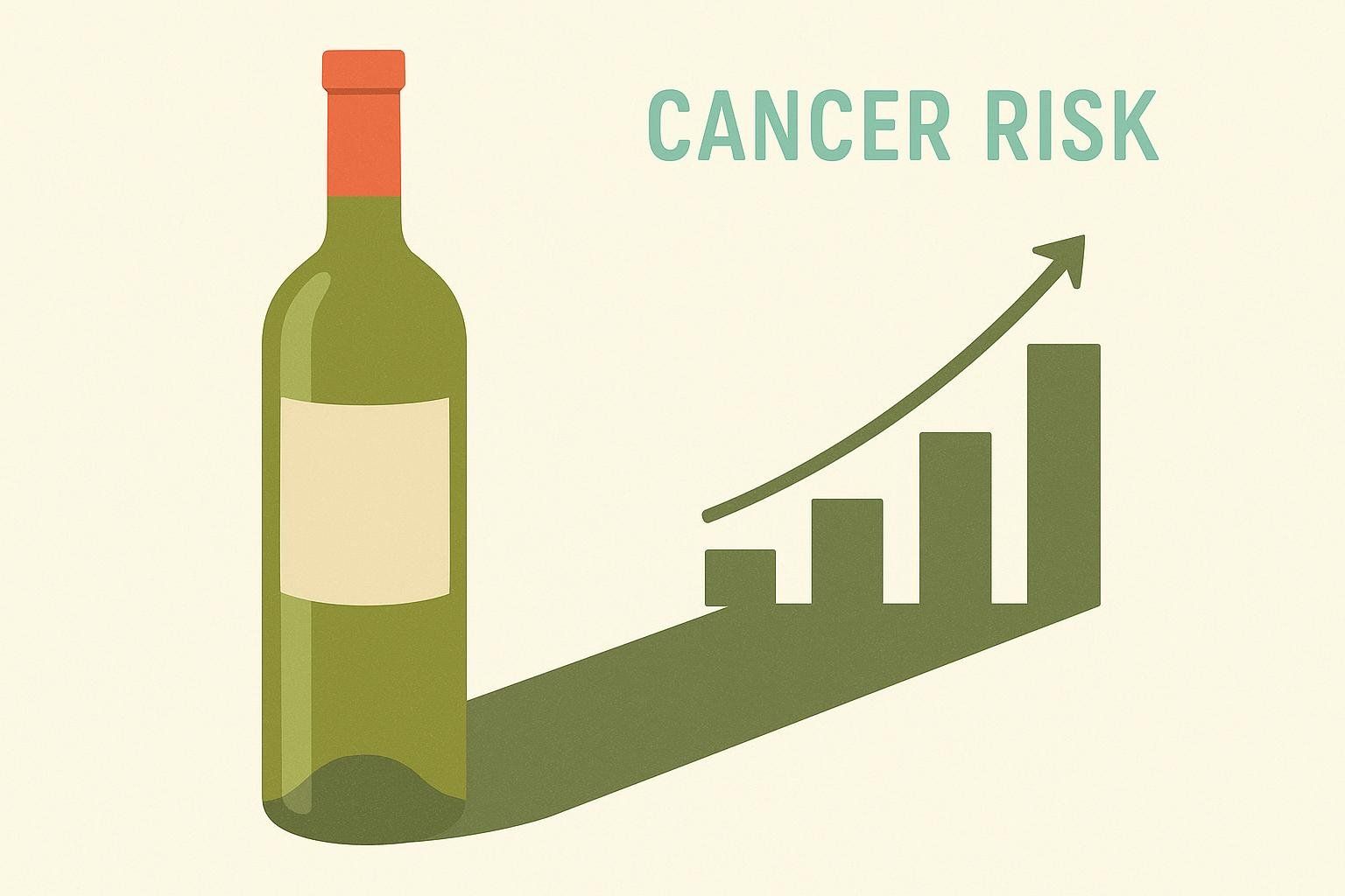 A stylized illustration showing a green wine bottle casting a shadow that transforms into an upward-trending bar graph, with the words 'CANCER RISK' above it. The image visually represents the increased cancer risk associated with alcohol consumption.