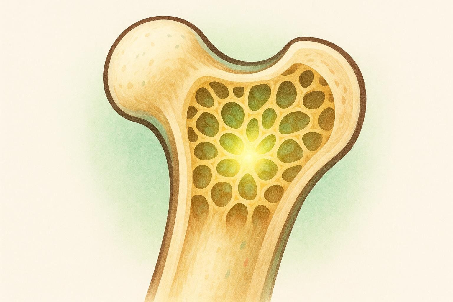 An illustration of a bone's cross-section, showing the outer compact bone and the inner spongy bone with dense marrow indicated by a bright yellow glow. This image represents bone density support, particularly during perimenopause.
