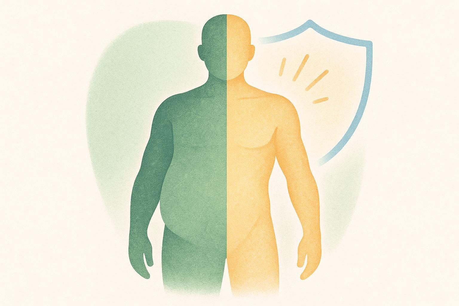 An illustration showing a person losing fat while a shield protects their muscle, representing healthy body composition changes.