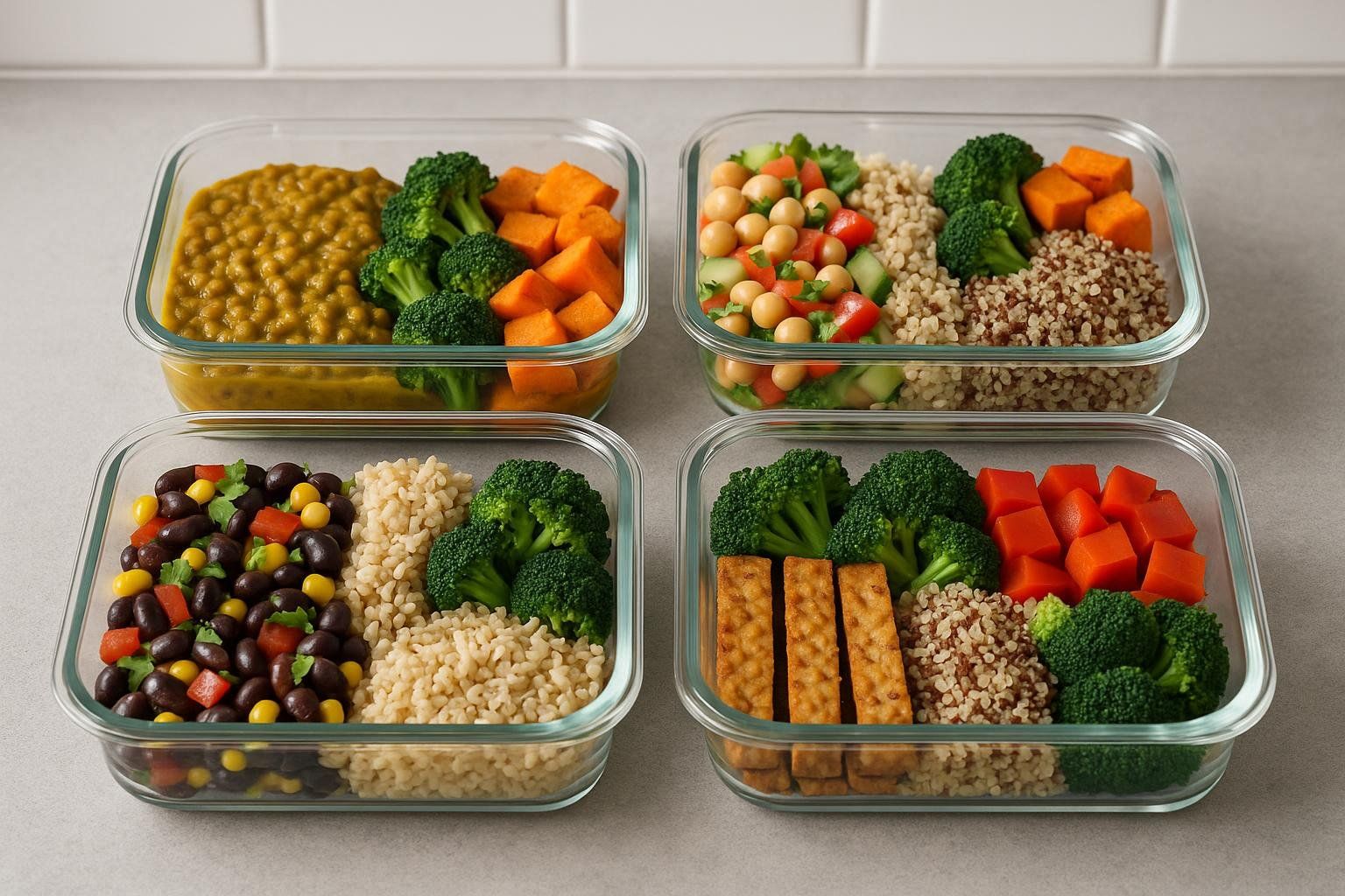 Neatly arranged glass containers holding prepped high-protein vegan meals, ready for the week.