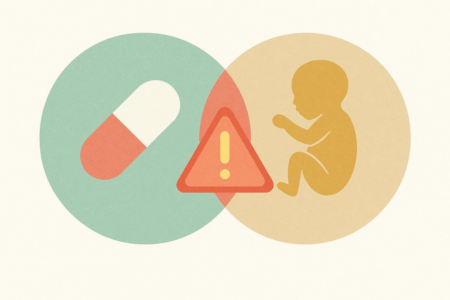An illustration showing a general warning about the risk of taking medication during pregnancy. A capsule pill is shown on the left, an infant on the right, and a red warning triangle with an exclamation mark is in the center overlaying both.
