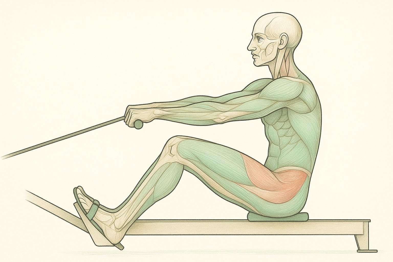 Illustration highlighting leg and trunk muscle engagement during rowing