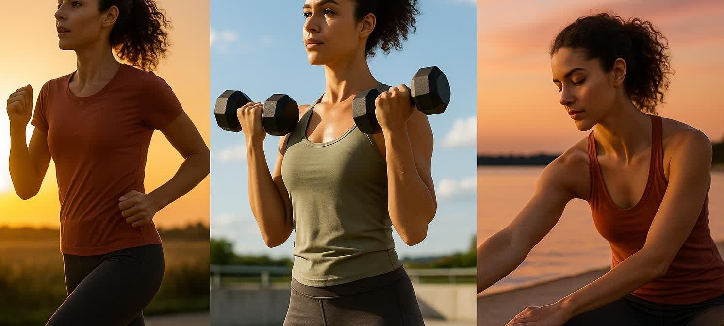 A three-panel image showing a woman exercising in the morning, afternoon, and evening to represent different workout times. The left panel shows her jogging at sunrise, the middle panel shows her lifting weights in the daytime, and the right panel shows her stretching by a lake at sunset.