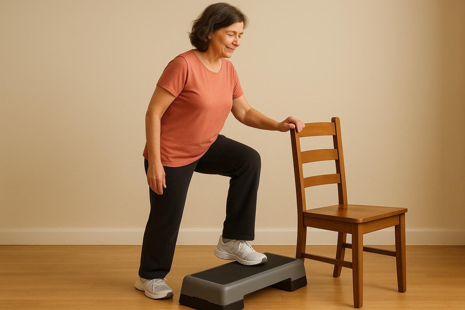 A woman with short dark hair, wearing an orange t-shirt and black pants, smiles while doing a step-up exercise on a low step platform. She uses a wooden dining chair for balance, placing one hand on its back.