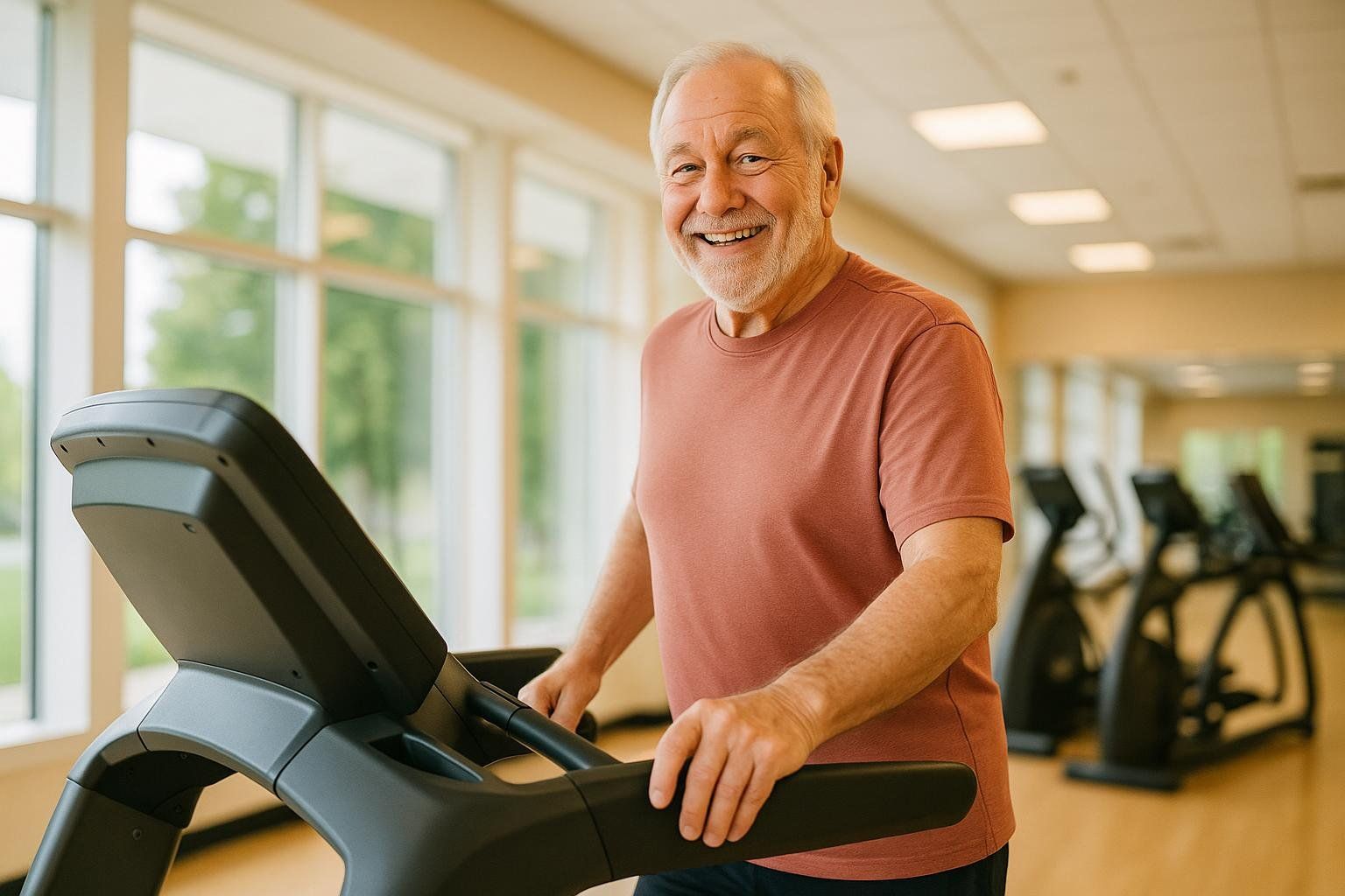 A happy senior man with a white beard smiles at the camera while walking on a treadmill in a bright gym with large windows.