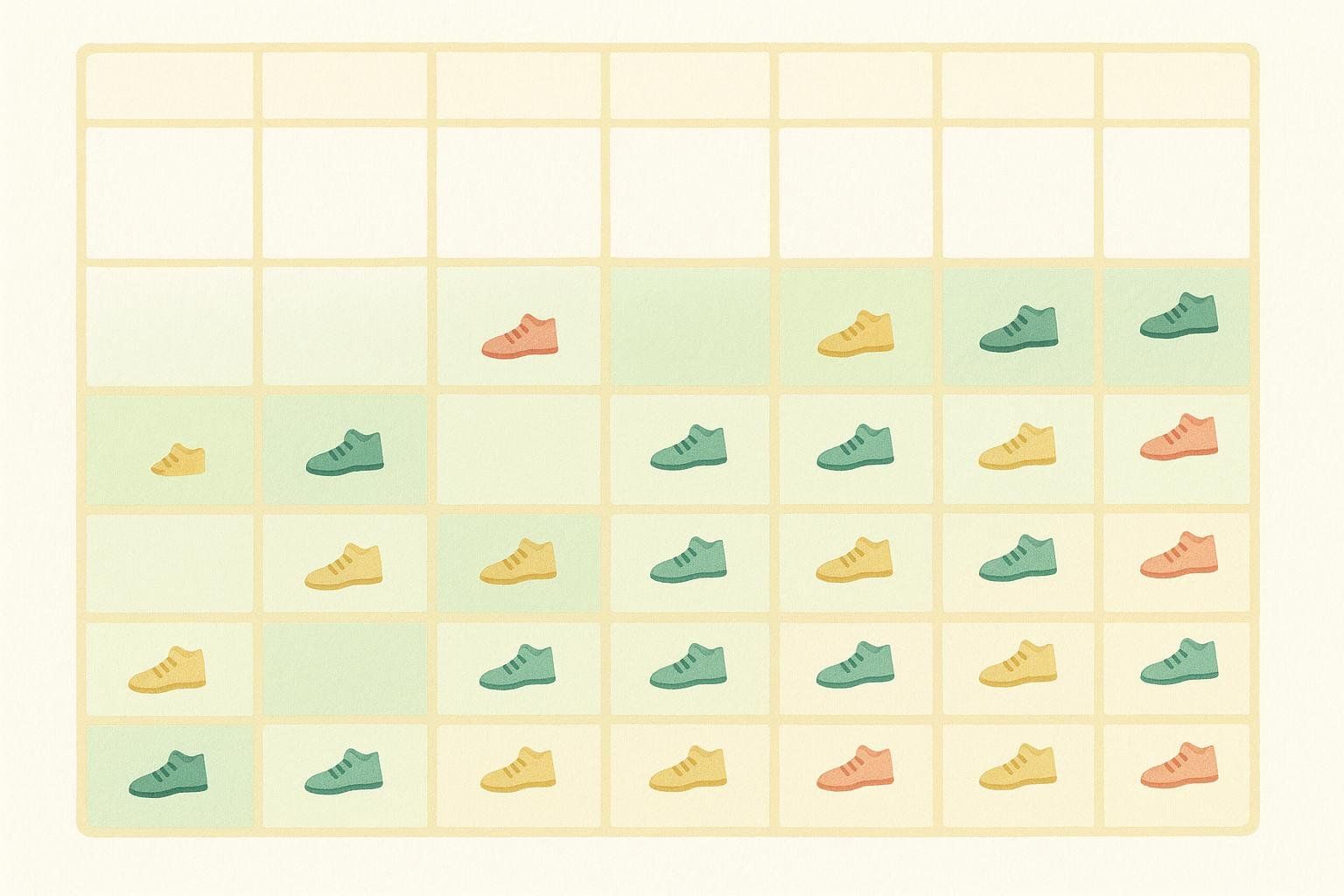 Stylized 30-day calendar with increasing walking shoe icons, showing a gradual build-up towards a fitness goal.