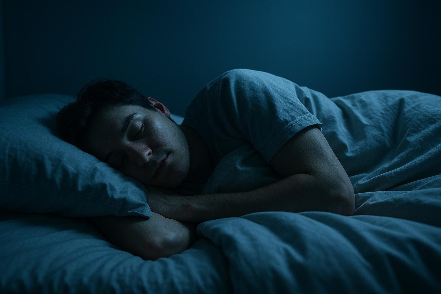A man in a light blue t-shirt sleeping peacefully on his side in a dimly lit, dark blue bedroom. His head rests on a pillow, and a blanket covers his body, with his arms folded beneath the pillow.