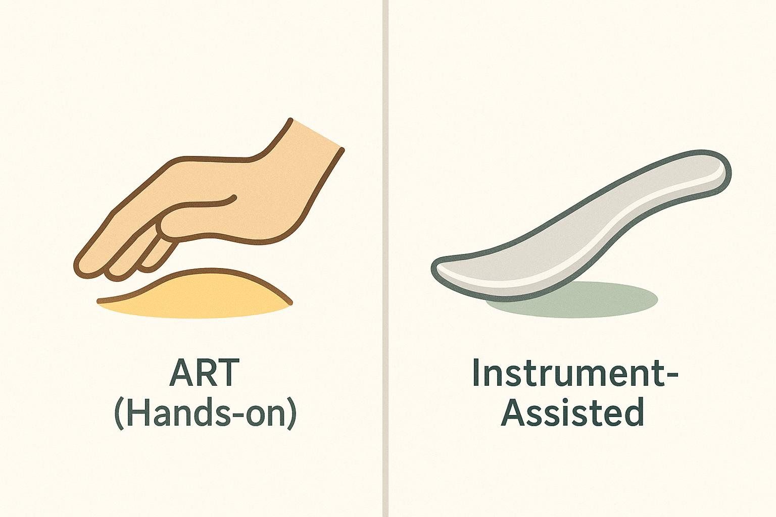 A comparative illustration showing a hand performing Active Release Techniques (ART) and a metal tool for Instrument-Assisted Soft-Tissue Mobilization (IASTM).