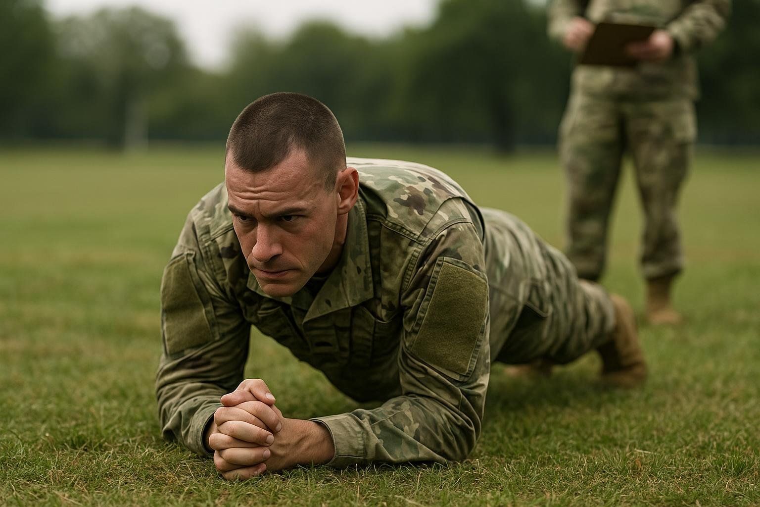 A soldier in camouflage fatigues performing a plank exercise on green grass, with a focused expression. Another soldier is visible in the background, out of focus, holding a clipboard.