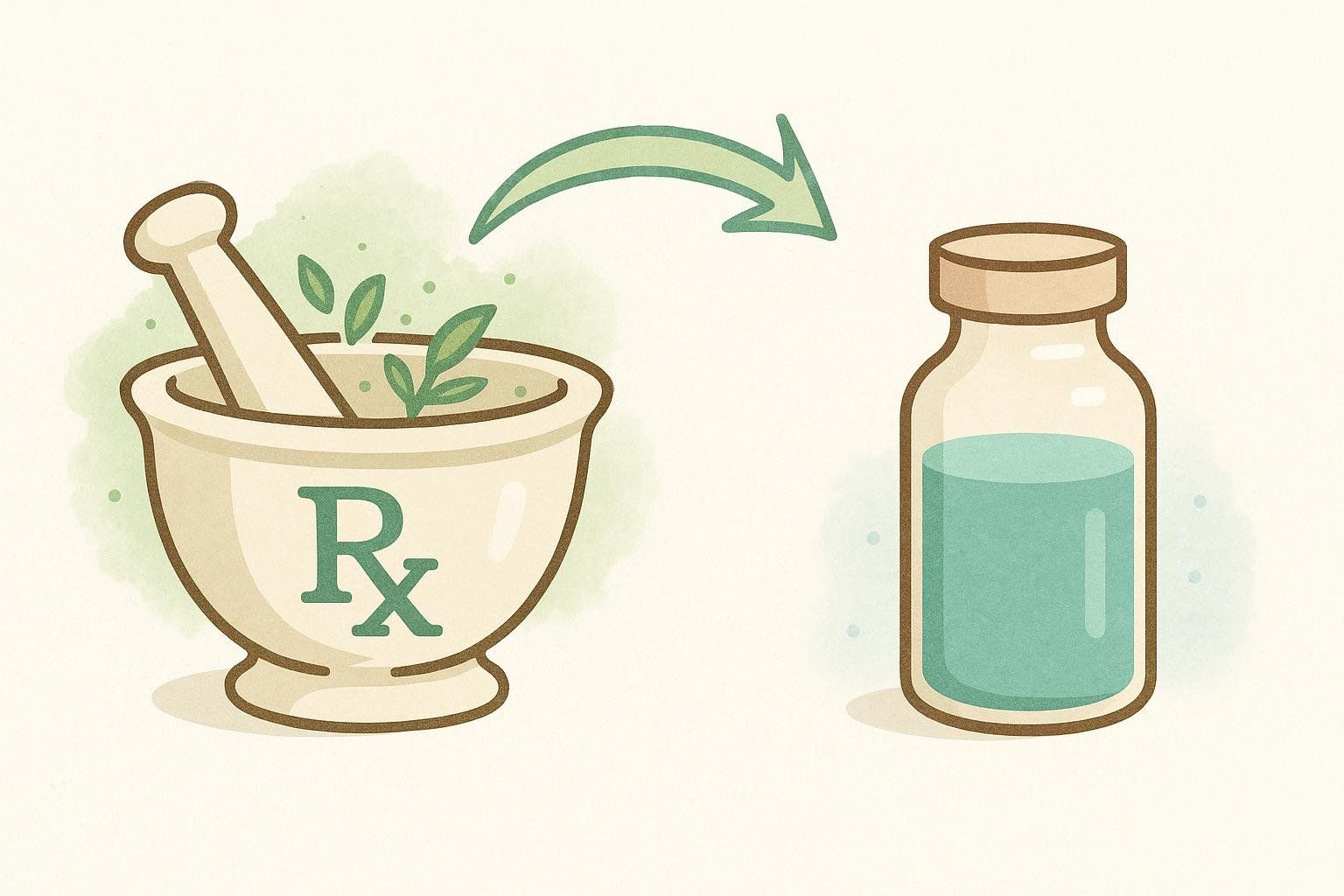 An illustration of a mortar and pestle next to a vial, representing how compounded semaglutide is a custom preparation.