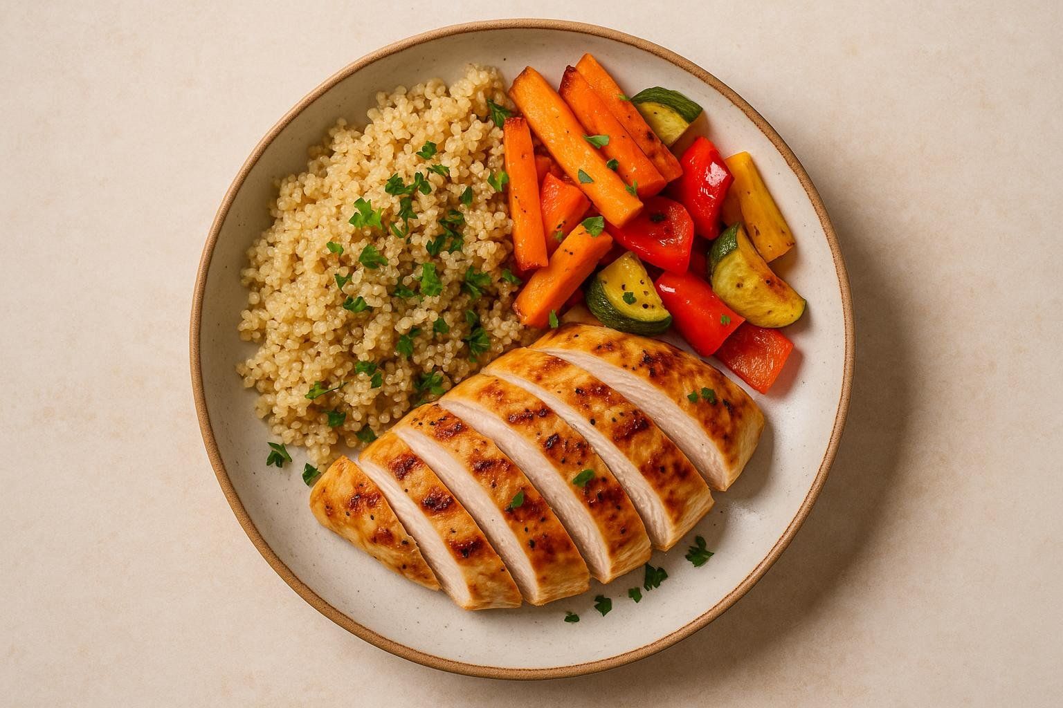 A top-down view of a healthy meal on a light-colored plate. The plate contains sliced grilled chicken breast, a pile of quinoa sprinkled with parsley, and a colorful side of roasted vegetables including carrots, bell peppers, and zucchini.