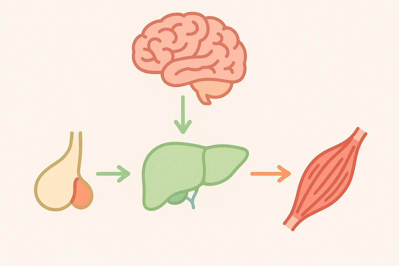A simple flowchart illustrating the natural growth hormone pathway from the hypothalamus to the muscles.
