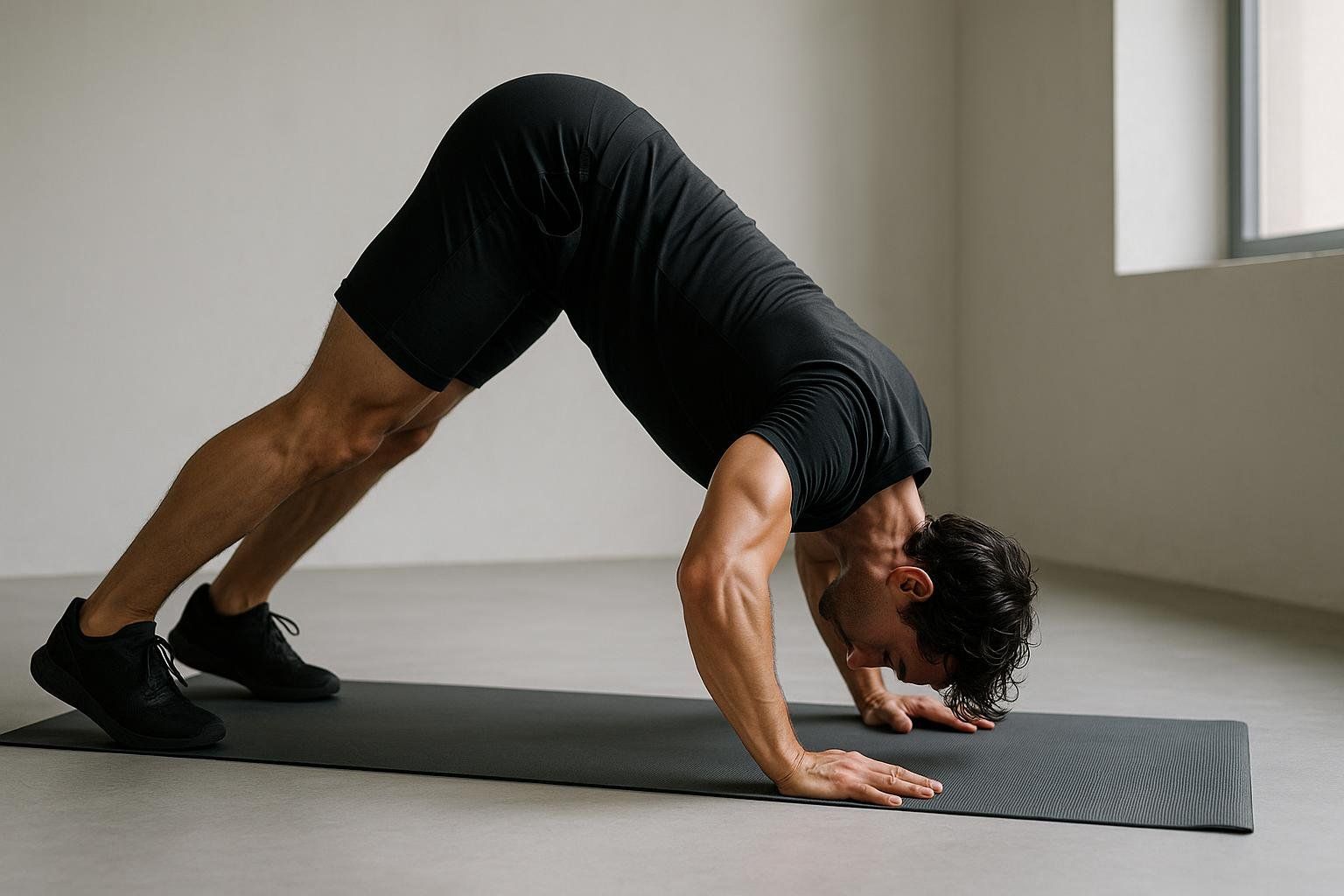 A man in black workout clothes performing a pike push-up on a yoga mat. His body forms an inverted V-shape, with his hips raised high to engage his shoulders and triceps. The setting is a minimalist room with a window in the background.